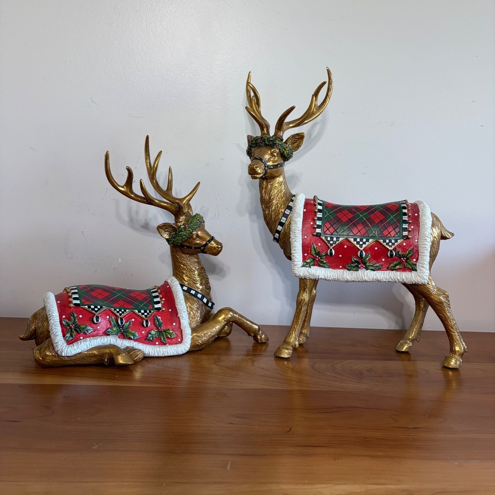 Mackenzie Childs Aberdeen Reindeer Set Gold Plaid Retired Christmas Decor 2pc